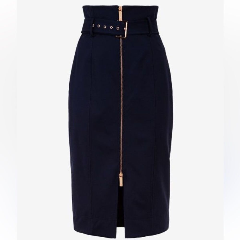 Ted Baker XL (5) Black Kaara Midi Front Zip High Waist Belted Pencil Skirt
